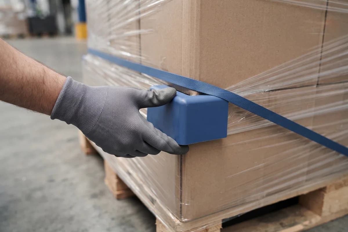 KI-generiertes Symbolbild: Detail eines blauen Kantenschutzes unter einem gespannten Palettengurt.
